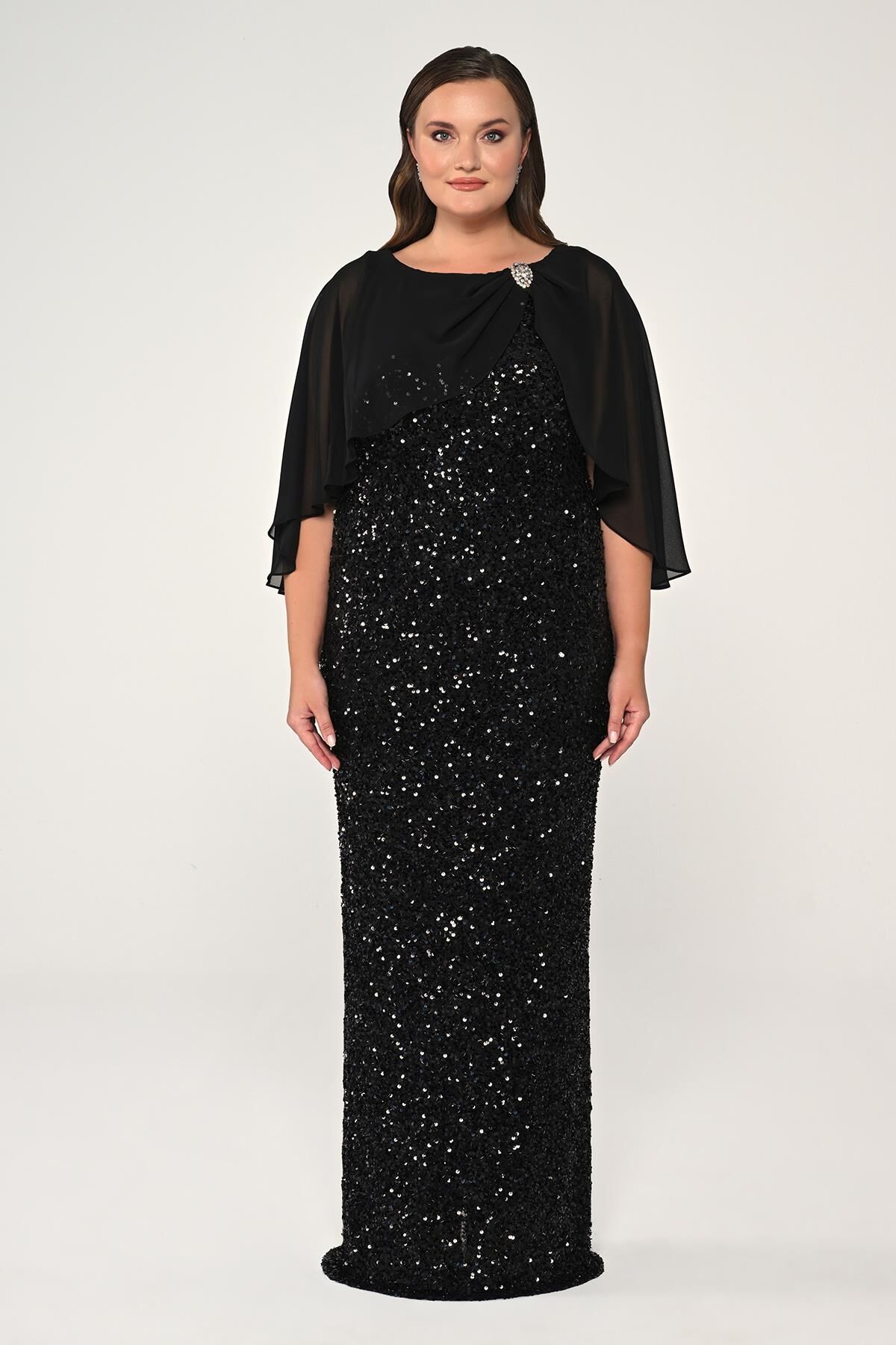 Şifon Şallı Broşlu Payet Uzun Elbise Siyah - 46