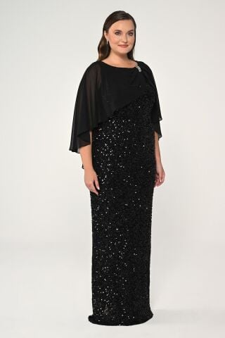 Şifon Şallı Broşlu Payet Uzun Elbise Siyah - 46