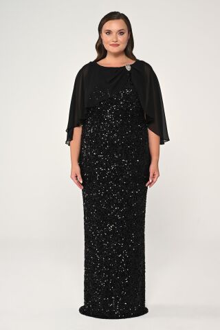 Şifon Şallı Broşlu Payet Uzun Elbise Siyah - 48