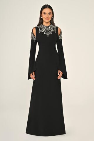 İşlemeli Üst Uzun Kollu Krep Uzun Elbise