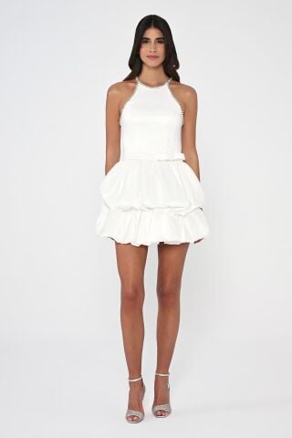Stoned Halter Neck Balloon Skirt Taffeta Fabric Short Dress