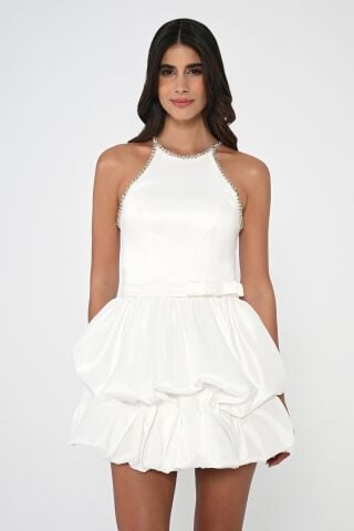 Taşlı Halter Yaka Balon Etek Tafta Kumaş Kısa Elbise