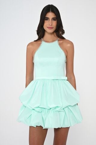 Taşlı Halter Yaka Balon Etek Tafta Kumaş Kısa Elbise