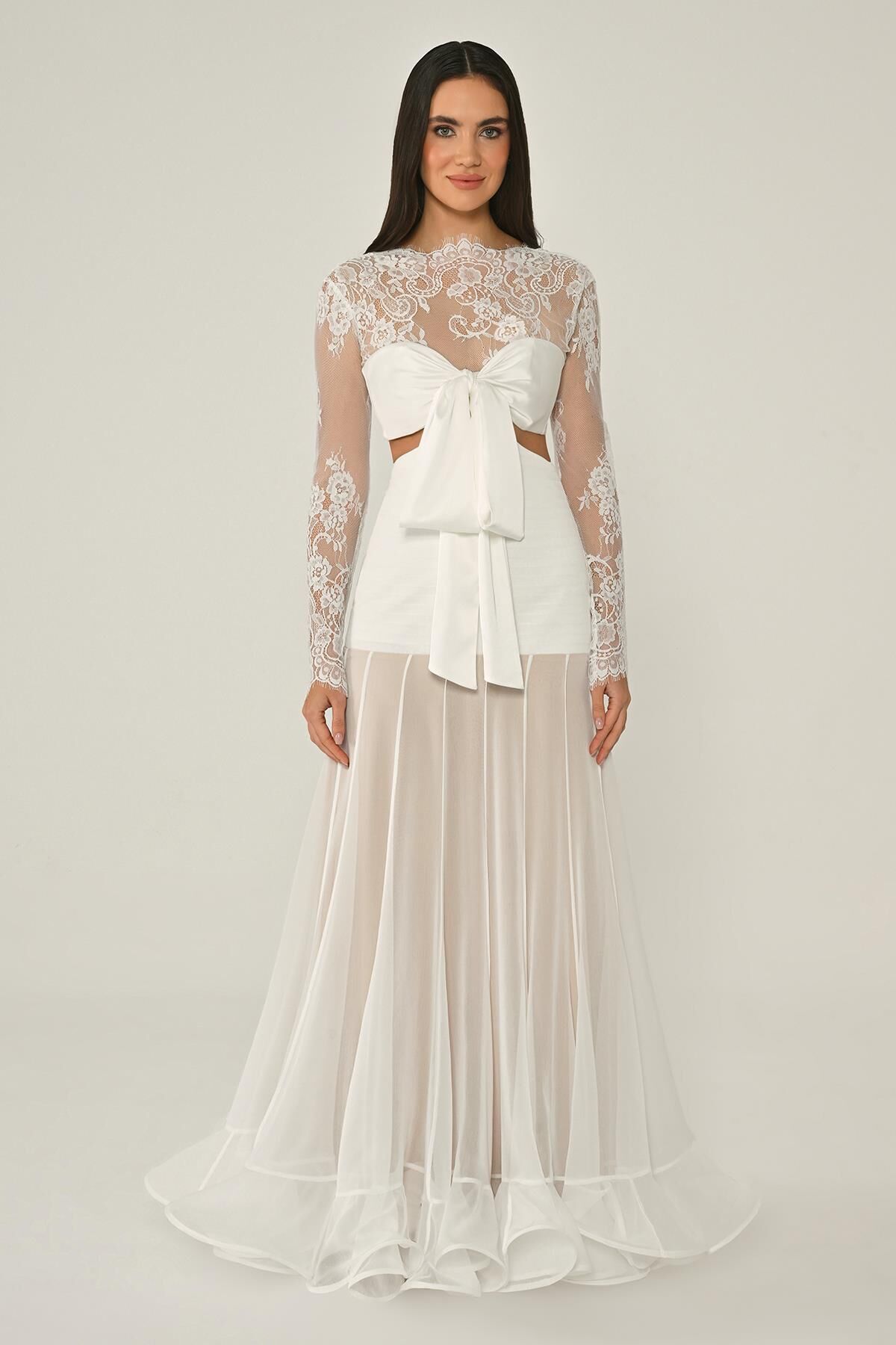 Üst Dantel Göğüs Saten Bağlamalı Eteği Şifon Uzun Elbise Bej - 42