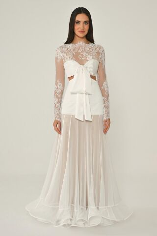 Üst Dantel Göğüs Saten Bağlamalı Eteği Şifon Uzun Elbise Bej - 42