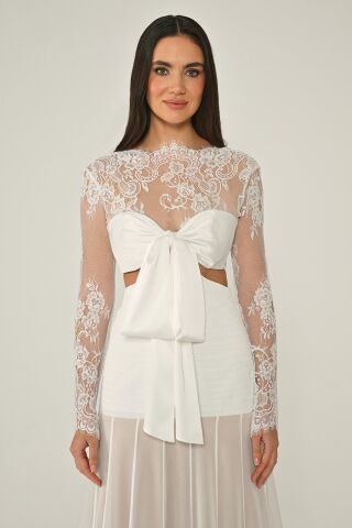 Üst Dantel Göğüs Saten Bağlamalı Eteği Şifon Uzun Elbise Bej - 42