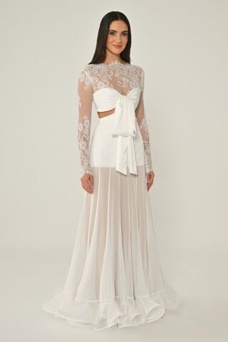 Üst Dantel Göğüs Saten Bağlamalı Eteği Şifon Uzun Elbise Bej - 42