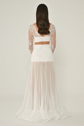 Üst Dantel Göğüs Saten Bağlamalı Eteği Şifon Uzun Elbise Bej - 42