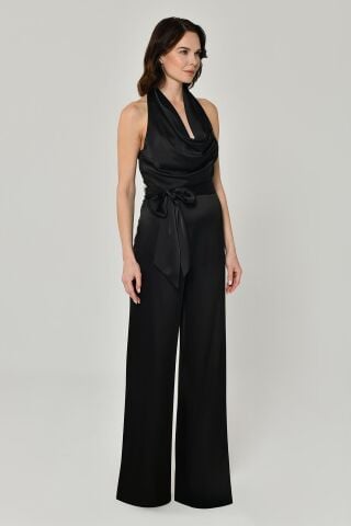 Degaje Belden Bağlamalı Bol Paça Saten Uzun Tulum Siyah - 44