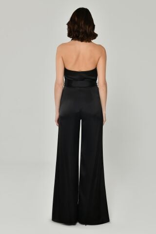 Degaje Belden Bağlamalı Bol Paça Saten Uzun Tulum Siyah - 44