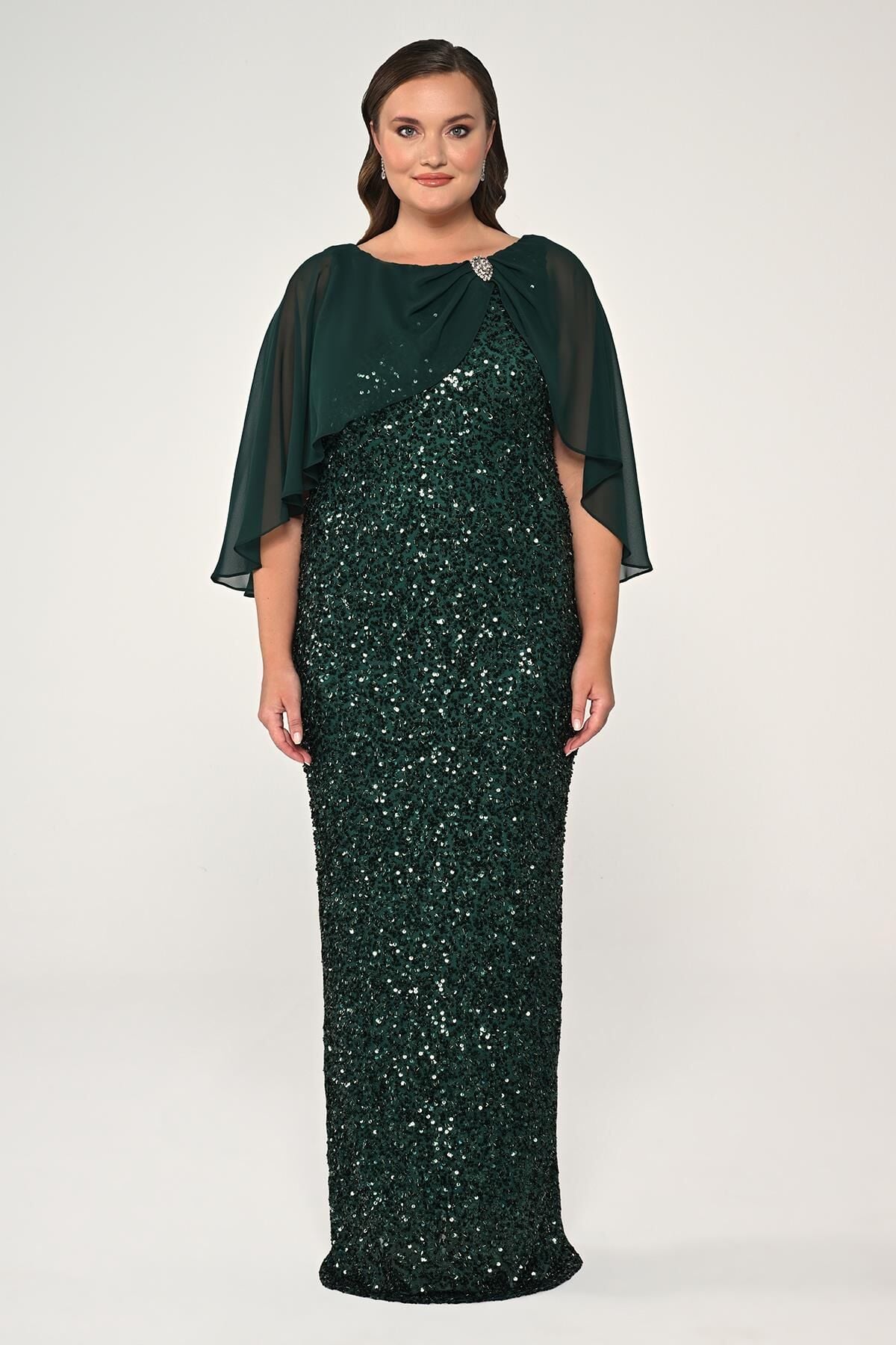 Şifon Şallı Broşlu Payet Uzun Elbise ZÜMRÜT - 44