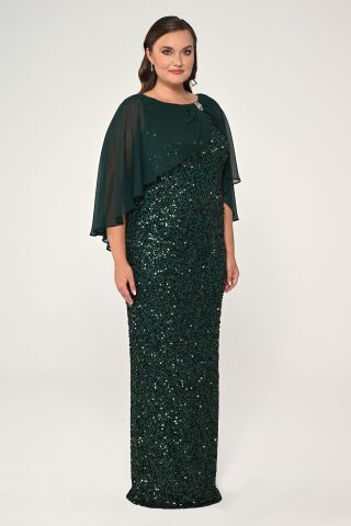 Şifon Şallı Broşlu Payet Uzun Elbise ZÜMRÜT - 44