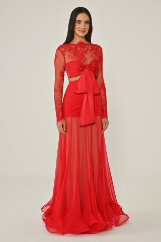 Üst Dantel Göğüs Saten Bağlamalı Eteği Şifon Uzun Elbise Kırmızı - 36