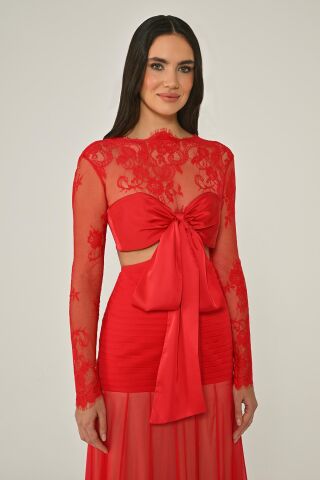 Üst Dantel Göğüs Saten Bağlamalı Eteği Şifon Uzun Elbise Kırmızı - 36