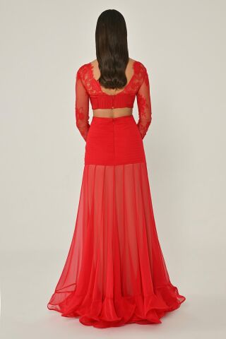 Üst Dantel Göğüs Saten Bağlamalı Eteği Şifon Uzun Elbise Kırmızı - 36