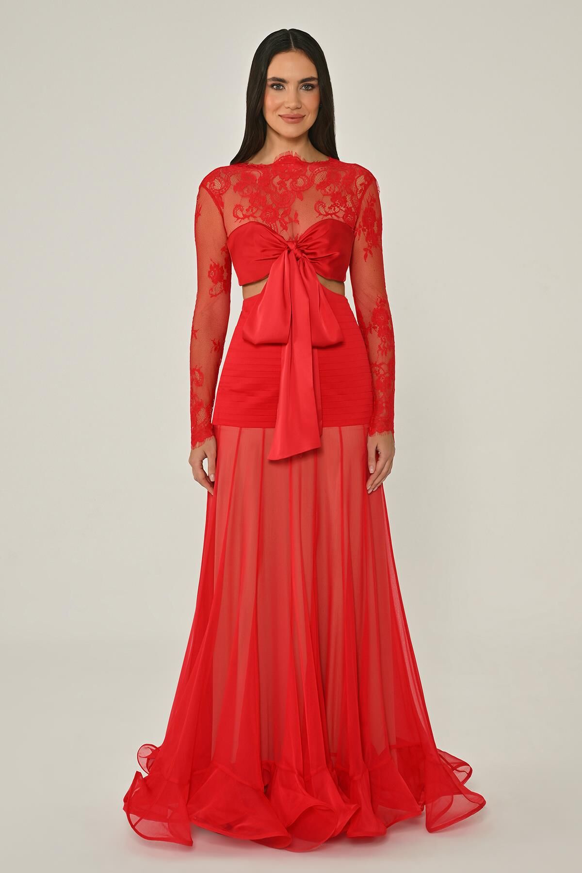 Üst Dantel Göğüs Saten Bağlamalı Eteği Şifon Uzun Elbise Kırmızı - 36