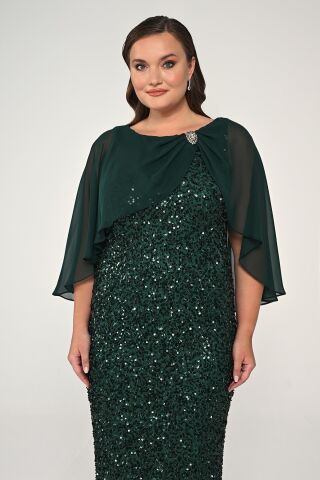 Şifon Şallı Broşlu Payet Uzun Elbise ZÜMRÜT - 46