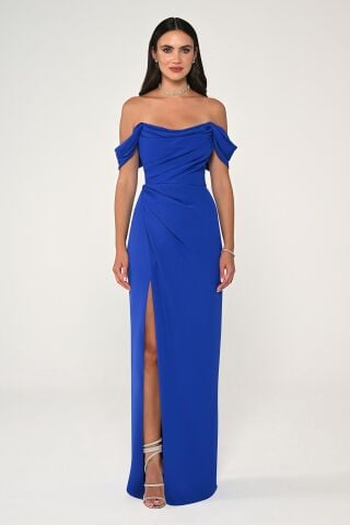 Düşük Omuz Yandan Yırtmaçlı Uzun Elbise SAKS - 46