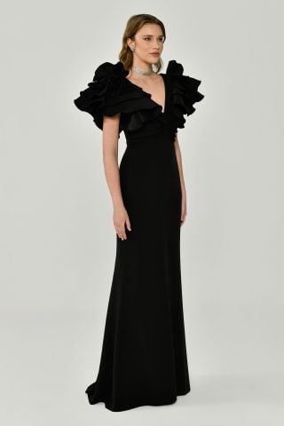 Volanlı Omuz V Yaka Krep Uzun Elbise Siyah - 38