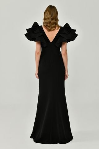 Volanlı Omuz V Yaka Krep Uzun Elbise Siyah - 38