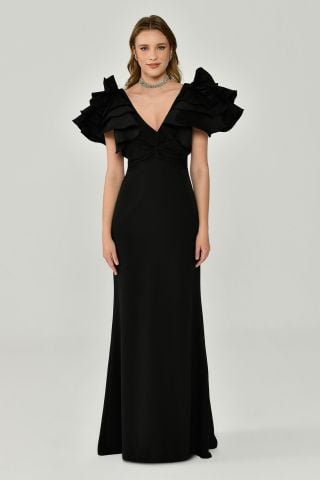 Volanlı Omuz V Yaka Krep Uzun Elbise Siyah - 38