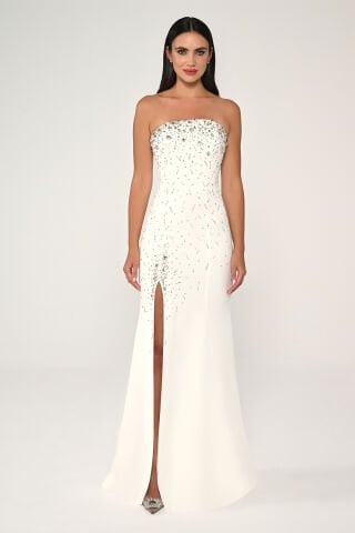 Straplez Taş İşlemeli Krep Uzun Elbise