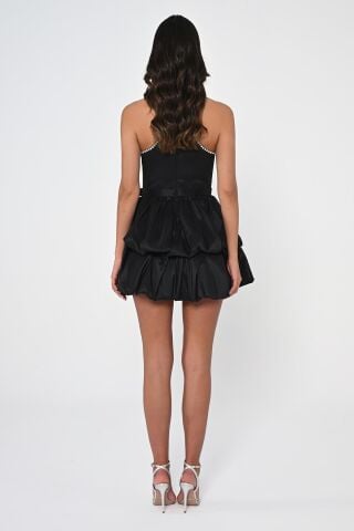 Taşlı Halter Yaka Balon Etek Tafta Kumaş Kısa Elbise Siyah - 36