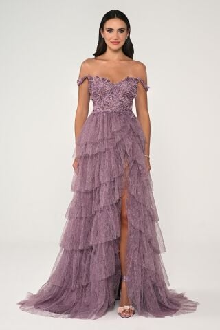 Düşük Omuz Katlı Simli Tül Dantel Etek Uzun Elbise GÜL KURUSU - 42