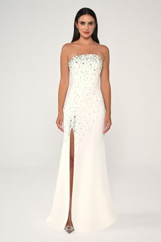 Straplez Taş İşlemeli Krep Uzun Elbise Beyaz - 38