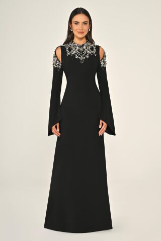 İşlemeli Üst Uzun Kollu Krep Uzun Elbise Siyah - 38