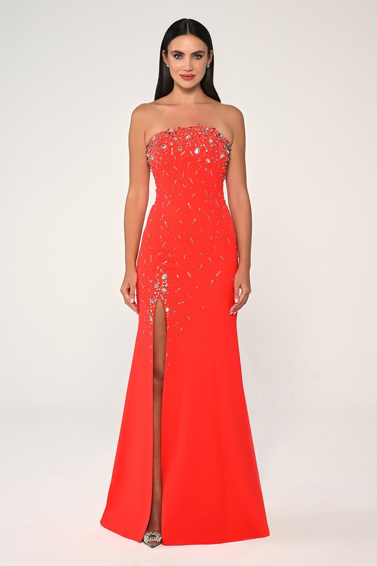 Straplez Taş İşlemeli Krep Uzun Elbise ORANGE - 42