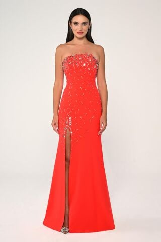 Straplez Taş İşlemeli Krep Uzun Elbise ORANGE - 42