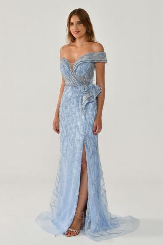 Düşük Tek Omuz Yırtmaçlı Tül Uzun Elbise MAVİ - 38