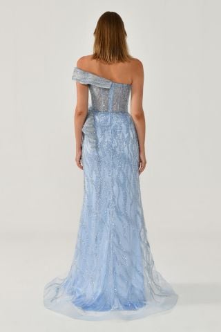 Düşük Tek Omuz Yırtmaçlı Tül Uzun Elbise MAVİ - 38