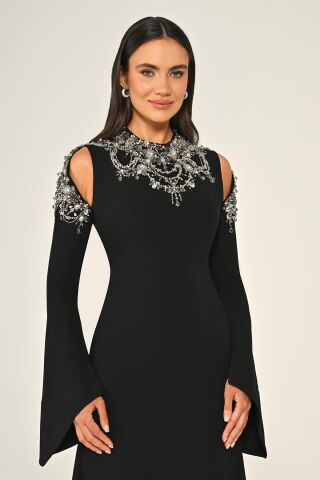 İşlemeli Üst Uzun Kollu Krep Uzun Elbise Siyah - 40
