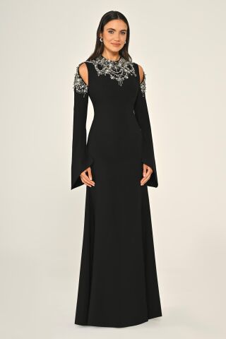 İşlemeli Üst Uzun Kollu Krep Uzun Elbise Siyah - 40