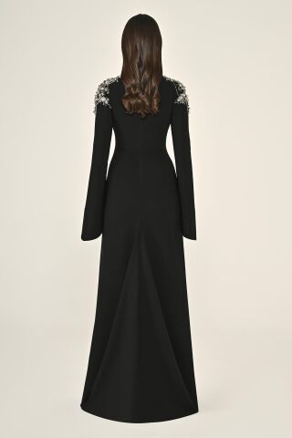 İşlemeli Üst Uzun Kollu Krep Uzun Elbise Siyah - 40