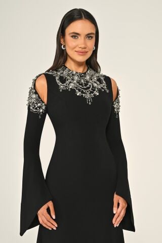 İşlemeli Üst Uzun Kollu Krep Uzun Elbise Siyah - 42