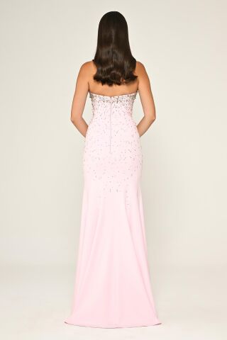 Straplez Taş İşlemeli Krep Uzun Elbise Pembe - 40