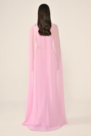 Pelerinli Taş İşlemeli Krep Uzun Elbise Pembe - 40