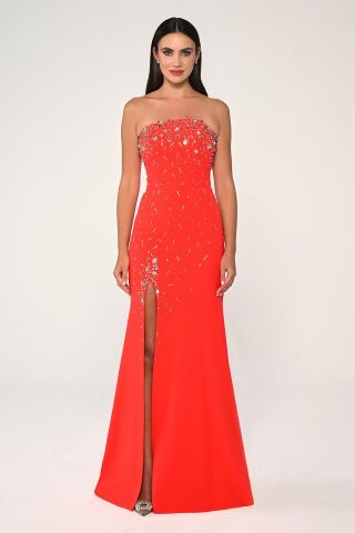 Straplez Taş İşlemeli Krep Uzun Elbise ORANGE - 38