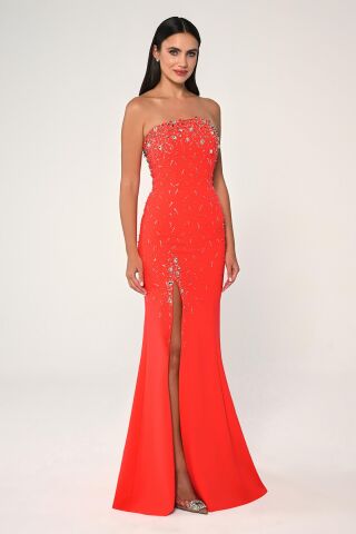 Straplez Taş İşlemeli Krep Uzun Elbise ORANGE - 38