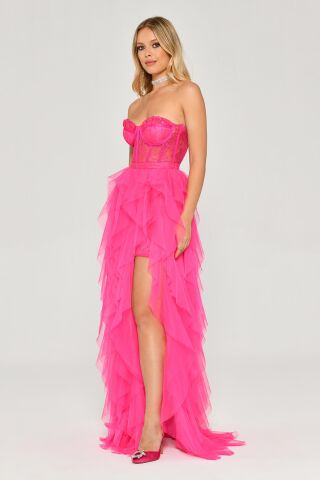 Straplez Yırtmaçlı Katlı Tül Elbise AÇIK FUŞYA - 40