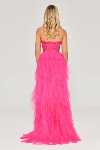 Straplez Yırtmaçlı Katlı Tül Elbise AÇIK FUŞYA - 40