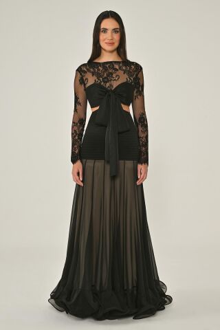 Üst Dantel Göğüs Saten Bağlamalı Eteği Şifon Uzun Elbise Siyah - 40