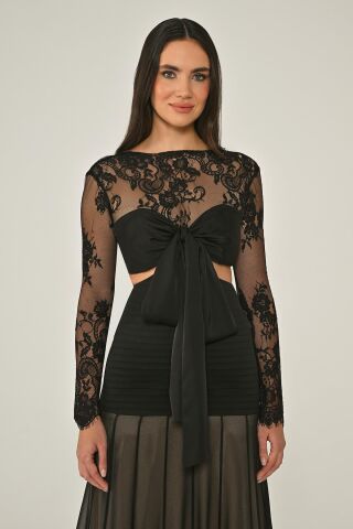 Üst Dantel Göğüs Saten Bağlamalı Eteği Şifon Uzun Elbise Siyah - 40