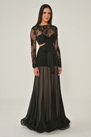 Üst Dantel Göğüs Saten Bağlamalı Eteği Şifon Uzun Elbise Siyah - 40