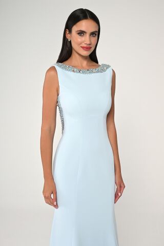 Yakası Ve Sırtı İnci Boncuklu Krep Uzun Elbise AÇIK MAVİ - 38