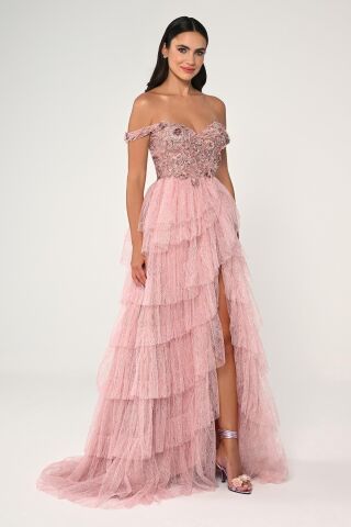 Düşük Omuz Katlı Simli Tül Dantel Etek Uzun Elbise Pembe - 36