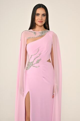 Pelerinli Taş İşlemeli Krep Uzun Elbise Pembe - 42